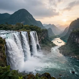 Mountains with huge waterfall and river on the bottom with water flowing to the right, on the right in the valley with the lake flying dragon, ultra detailed, 35mm lens, sunrise, overcast sky, realistic, 4k resolution, trending on artstation, octane render, unreal engine.