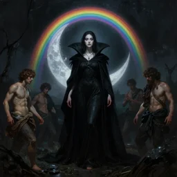 concept art painting of attractive figure the called the ghost of the moonbow queen, black cloak, a rainbow in the dark, rainbow, by Michael Whelan, William Adolphe Bouguereau, John Williams Waterhouse, and Donato Giancola, cyberpunk, extremely moody lighting, glowing light and shadow, atmospheric, shadowy, cinematic, 8K