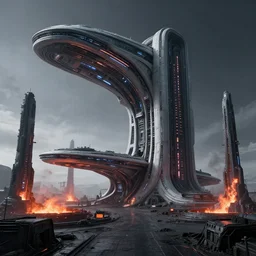 a minimalist scifi exterior curilinear brutalist futuristic alien spaceship factory exterior planet iron forge smelting pits with neon lights, biomechanical columns of glowing plasma smoke, high dynamic range, ilm, beeple, star citizen halo, mass effect, bladerunner, elysium