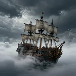 large lonely old pirate ship drifting amongst the clouds and fog with heavy dark storm beautiful Concept art