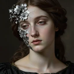 hyperrealism close - up mythological portrait of a beautiful medieval woman's shattered face partially made of silver color flowers in style of classicism using the fibonacci golden ratio, pale skin, wearing black dress, dark and dull palette