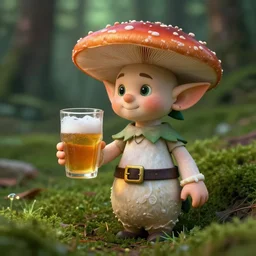 mushroom elf holding a glass of beer in his hand in the forest, macro photo