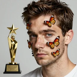 a man covered in butterflies, dslr photo, high definition, award winning.