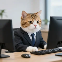 realistic photo of an anthropomorphic cat wearing a business suit using a computer in an office