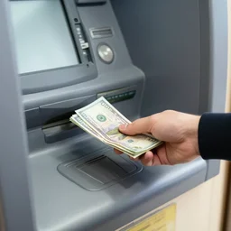 man handing money out from inside of a atm