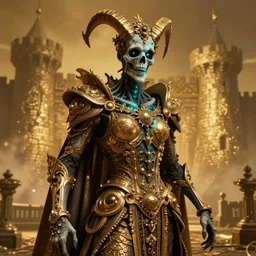 ornate rococo grim reaper, hyper detailed, bioluminescent, background fortress, digital art, golden, trending in artstation, cinematic lighting, studio quality, smooth render, unreal engine 5 rendered, octane rendered, art style by ian sprigger and terry gilliam brazil and archan nair, jack kirby and simon bisley, physically based rendering