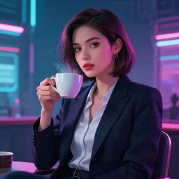 portrait of a good-looking female CEO having a cup of coffee. cyberpunk style, digital art artstation cgsociety