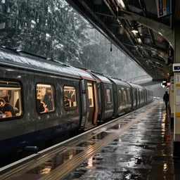 heavy monsoon rain in london underground tube station