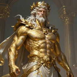 rugged zeus with streaks of gold body paint, laurel crown heavenly god [ white hair ] masculine mature rugged powerful handsome muscular flowing robe fantasy intricate elegant detailed digital painting trending artstation concept art sharp focus asymmetrical illustration art by beksinaki, ruan jia