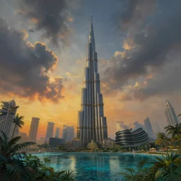 burj khalifa submerged in water poddle a wild jungle, moody sunset and dramatic sky , oil painting by frazetta, low angle, postapocalyptic, cinemascope panorama