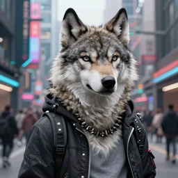 beautiful furry art portrait commission of a female furry anthro wolf fursona wearing punk clothes in the streets of a cyberpunk city at night in the snow. neon signs. character design by rick griffin, miles df, charlie bowater, ross tran, detailed, inked, western comic book art
