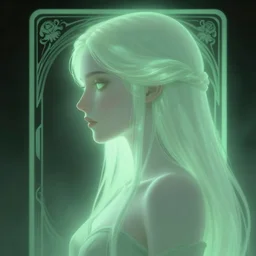side portrait, imogen poots, deathknight, gloomhaven, soft, smooth, luminescent, art nouveau tarot, haunting, pale green backlit glow, evil inky swirly ripples, sickly colors, 8 k, by mucha, greg rutkowski, jesper ejsing, rhads, ilya kuvshinov, cushart krenz