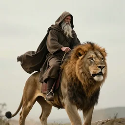 a hooded wise old man with a long white beard wearing a brown hooded tunic riding on top of a lion, the man is on the lion, he is riding a lion, majestic, epic digital art, cinematic, trending on artstation, superb detail 8 k, wide - angle, masterpiece