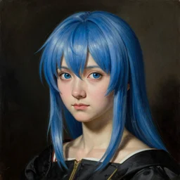portrait of cirno from touhou, blue hair, painting by titian, by caravaggio, by jan van eyck, dark shadows, detailed, high quality