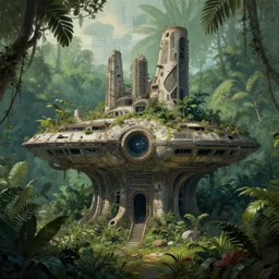 abandoned brutalist alien space station in lush jungle, close up, wadim kashin, arte tribal, digital painting, xf iq 4, f / 1. 4, iso 2 0 0, 1 / 1 6 0 s, 8 k, raw, featured in artstation, octane render, cinematic, elegant, intricate, 8 k