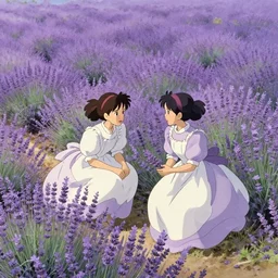 two girls in victorian dress playing in a lavender field in france, wide angle, light violet color scheme, natural lighting, intricate details, cozy atmosphere, matte painting, illustration, by hayao miyazaki