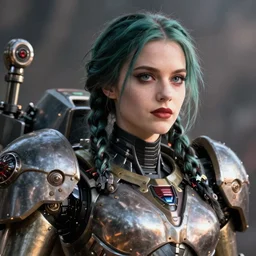 hyper realistic photography portrait of heroic warhammer machine robotic android girl, eva green, wednesday addams, cinematic, chaos marine, artstation, cgsociety, full head and shoulders, greg rutkowski, james gurney, mignola, craig mullins, brom redshift, vray, octane render