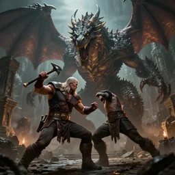 Closeup macro view of conan the Barbarian fighting a very very huge  massive giant fantasy one headed dragon a dungeon, in the style of greg rutkowski, concept art, rim lighting, dark souls, unreal, ray tracing