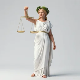 a full body portrait of themis the greek goddess of balance holding a balance scale, wearing ancient greek white paper tunic and laurel wreath, extremely beautiful, young and slender, by artgerm and by greg rutkowski and by alphonse mucha and by simon bisley, radiant light, detailed and intricate environment