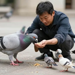 “a large pigeon man feeding tiny humans”