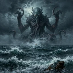 a cinematic view of a stormy sea with cthulhu rising. art by william trost richards and donato giancola, hyperrealism, artstation
