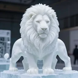 beautiful portrait commission of a albino male furry anthro lion ice statue made entirely out of ice on display, detailed face , hyperdetailed. Character design by charlie bowater and makoto shinkai, detailed, inked, western comic book art, 2021 award winning painting