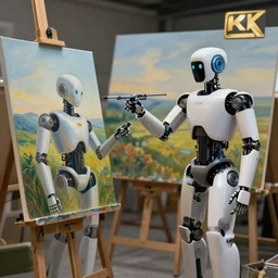 robots! painting landscapes on canvases, cinematic lighting, 4 k