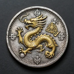 Old silver coin with golden dragon in the middle of the coin and many ornaments from the Middle Ages, highly detailed, concept art, 4k, artstation, cgsociety, octane render.