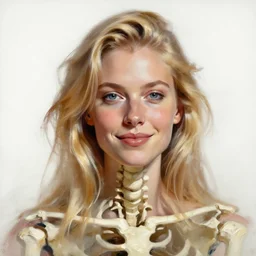portrait painting of woman from scandinavia, skeleton, blonde hair, daz, occlusion, smiling and looking directly, brushstrokes, white background, art by enki bilal