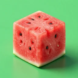 studio shot of a cube with watermelon texture, isometric perspective, green background, product shot, 8 k octane render surreal, ultra - detailed
