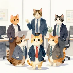 group of office workers cats in jackets select a different type of project before start design production, photo stock, business, inspiring art, watercolor illustration