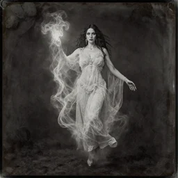 dramatic daguerreotype photo of a beautiful female spirit medium levitating and emitting paranormal ectoplasm, detailed and creepy