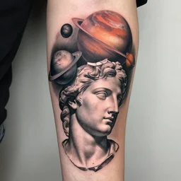 planets on the top of a broken renaissance head statue, realism tattoo design, in the style of da ink