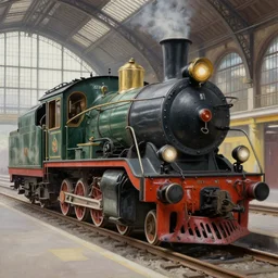 a neo vintage locomotive, detailed, paris railway station background, photorealism, volumetric lights, by moebius and ricardo robles, marco turini, oil, ink, gouache, 3 d illustration, octane render
