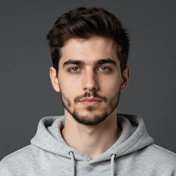 a studio photograph of a young man with short dark brown hair, stubble beard, bust photograph, grey hoodie, grey eyes