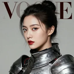 head and shoulders portrait of a female knight, vogue fashion photo