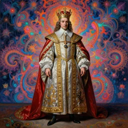 beautiful oil painting, full length portrait of vampire dauphinois in baroque coronation robes 1 7 0 1, dan mumford, dan mumford, alex grey, hyacinthe rigaurd, highly detailed, lsd visuals, dmt fractal patterns, visionary art, psychedelic art, ornate, vaporwave, baroque, greg rutkowski