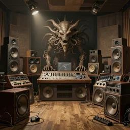 intricate illustration of a music studio full of vintage machines and sub woofers, Giger style, jodorowsky