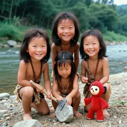 a full - body portrait of little asian cuties caveman, have 3 times oversized head, smile expression, make stone tools at the river bank, holding the stone adze, cute red puppet sit beside them, a colorized photo, colorized, # film, movie still