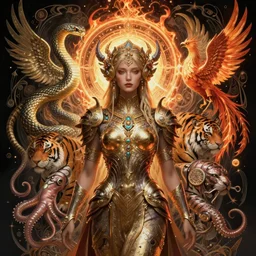 symmetry!!!! intricate fanart front pose portrait of elegant synthwave siberian goddess, ancient high tech, rattlesnake, phoenix, tiger, squid, armor, burning halo, intricate, elegant, highly detailed, digital painting, artstation, concept art, smooth, sharp focus, illustration, art by artgerm and greg rutkowski and alphonse mucha