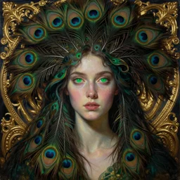 dynamic composition, a painting of a woman with green eyes and hair made of peacock plummage, a surrealist painting by Tom Bagshaw, featured on cgsociety, pop surrealism, surrealist, wiccan, pre-raphaelite, ornate gilded details
