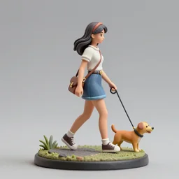 80mm resin detailed miniature of a Girl walking her dog, Product Introduction Photos, 4K, Full body,