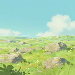 pastel landscape of an open rocky field. a few flowers. clean sharp digital art, environment concept art, by rossdraws, ghibli, breath of the wild, greg rutkowski