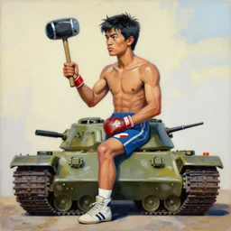 greg manchess side portrait of a filipino boxer sitting on a tank holding a mace, organic painting, sunny day, matte painting, bold shapes, hard edges, street art, trending on artstation, by huang guangjian, gil elvgren, ruan jia, randy vargas, greg rutkowski