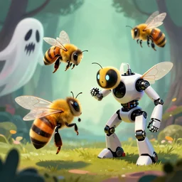 hive with robotic bees fighting with scary ghosts