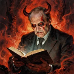 yeltsin is reading a book in hell, scary art in color, infernal art in 4 k