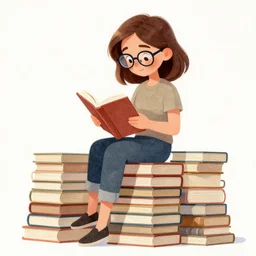 a woman with brown hair and glasses sitting on a tall pile of books, reading a book. cel shaded watercolor painting, beautiful cartoon art with highly detailed face.
