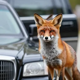 fox animal stood next to a limousine