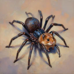 painting of hybrid spider!!! and ( ( ( hamster ) ) ) fused together, intercrossed animal, by zdzislaw beksinski, by lewis jones, mattias adolfsson, cold hue's, warm tone gradient background, concept art, digital painting