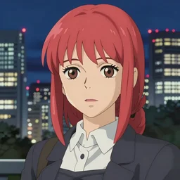 anime fine details portrait of Makima in front of modern tokyo city landscape on the background deep bokeh, close-up view, anime masterpiece by Studio Ghibli, 8k, sharp high quality anime, artstation